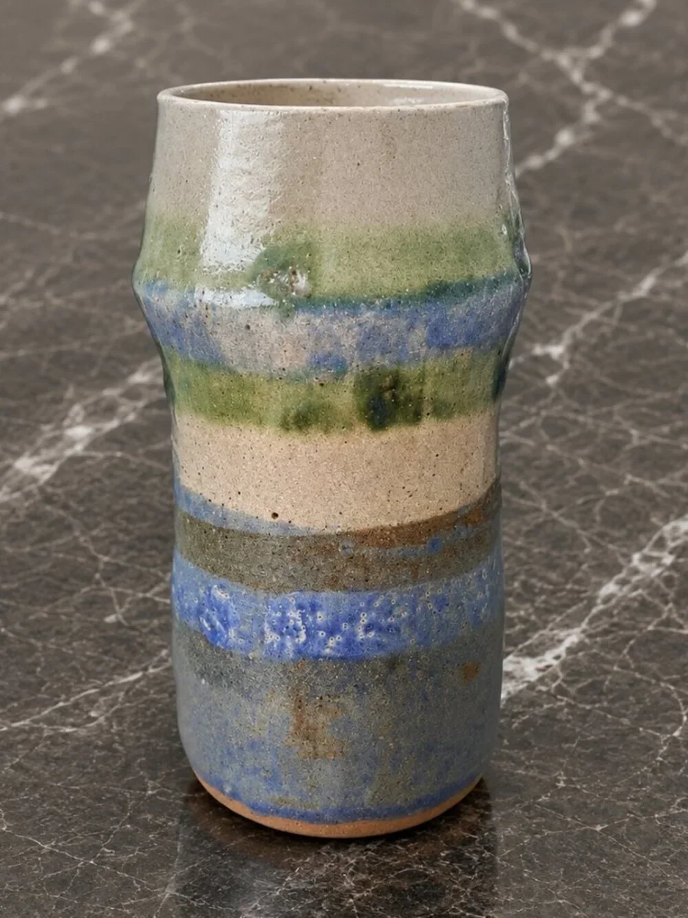 Vintage Handmade Stoneware Cylinder Vase Blue Gray Green Glaze 6.75